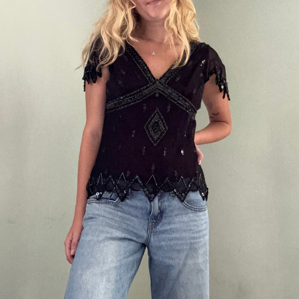 Vintage Y2k Adrianna Papell Silk Beaded Blouse Black Size Medium Dark Feminine